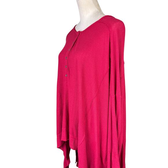 Free People Benedict Henley Strawberry Red Waffle Knit Oversized Hi Low Tunic - Picture 12 of 16